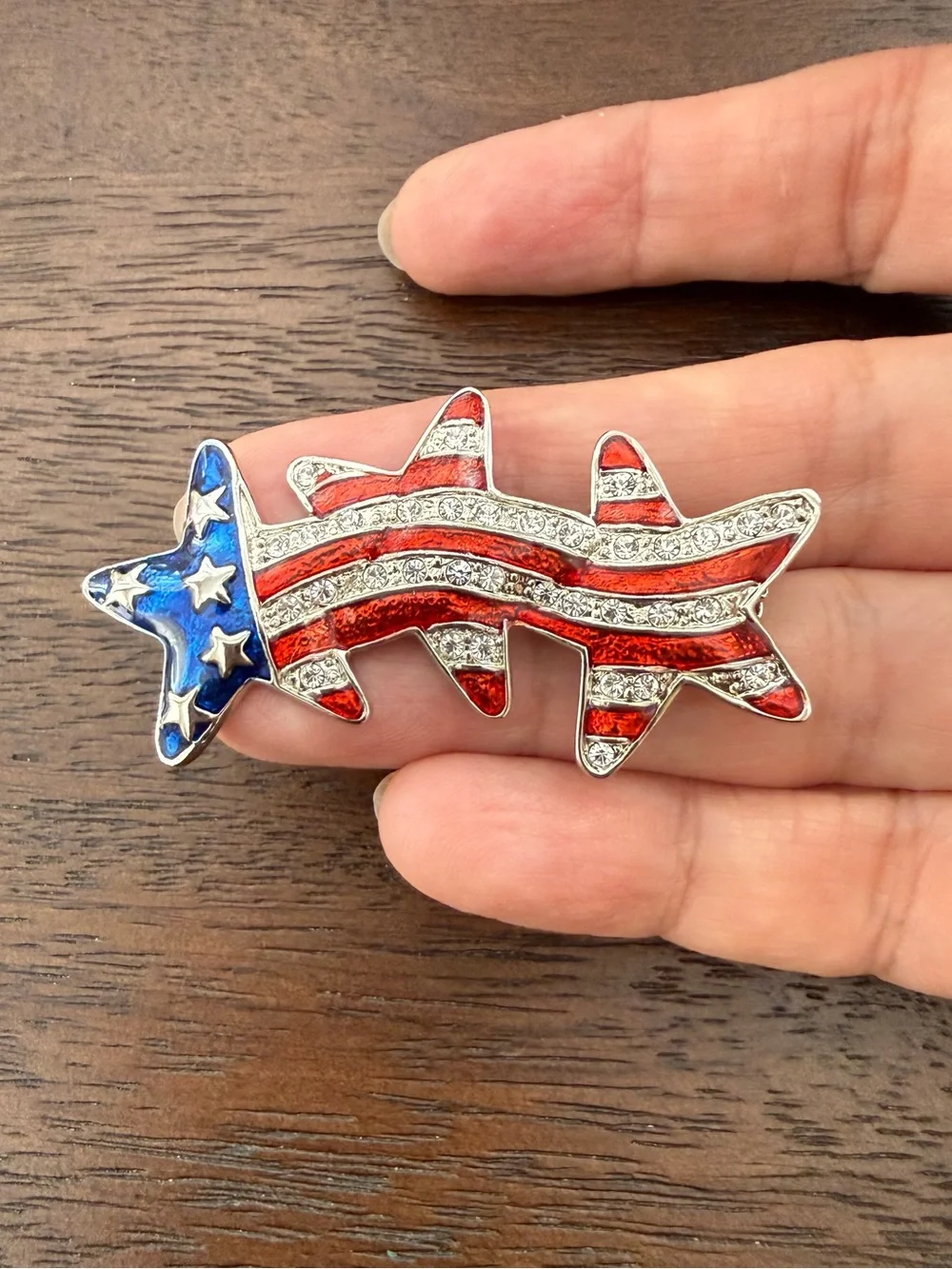 American 3 star enameled red blue rhinestone brooch pin